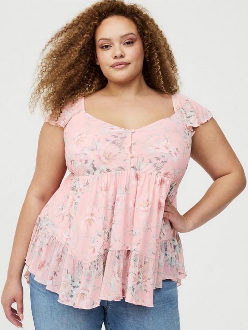 torrid Light Pink Floral Tiered Peplum Ruffle Top